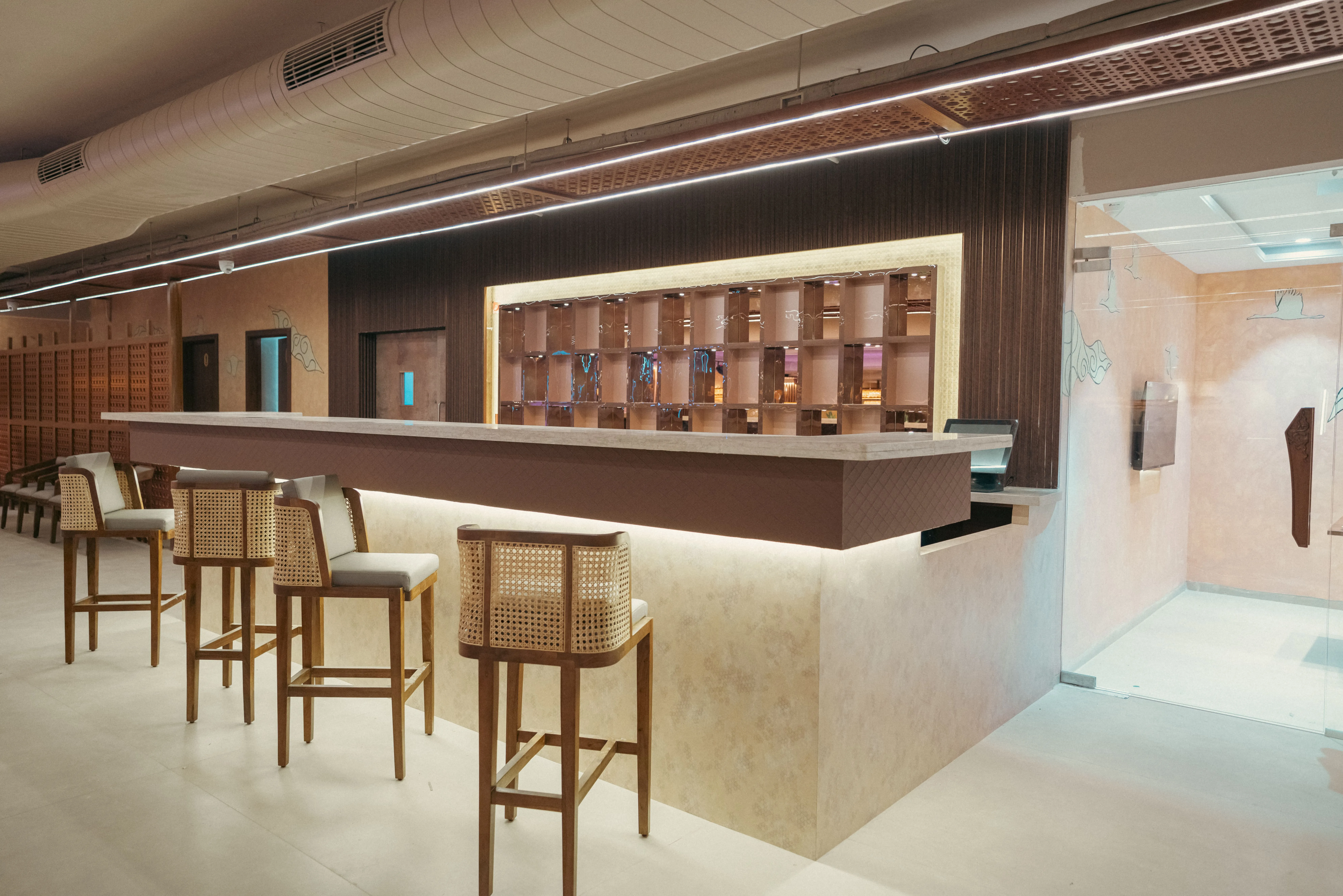 Restaurant interior with warm lighting