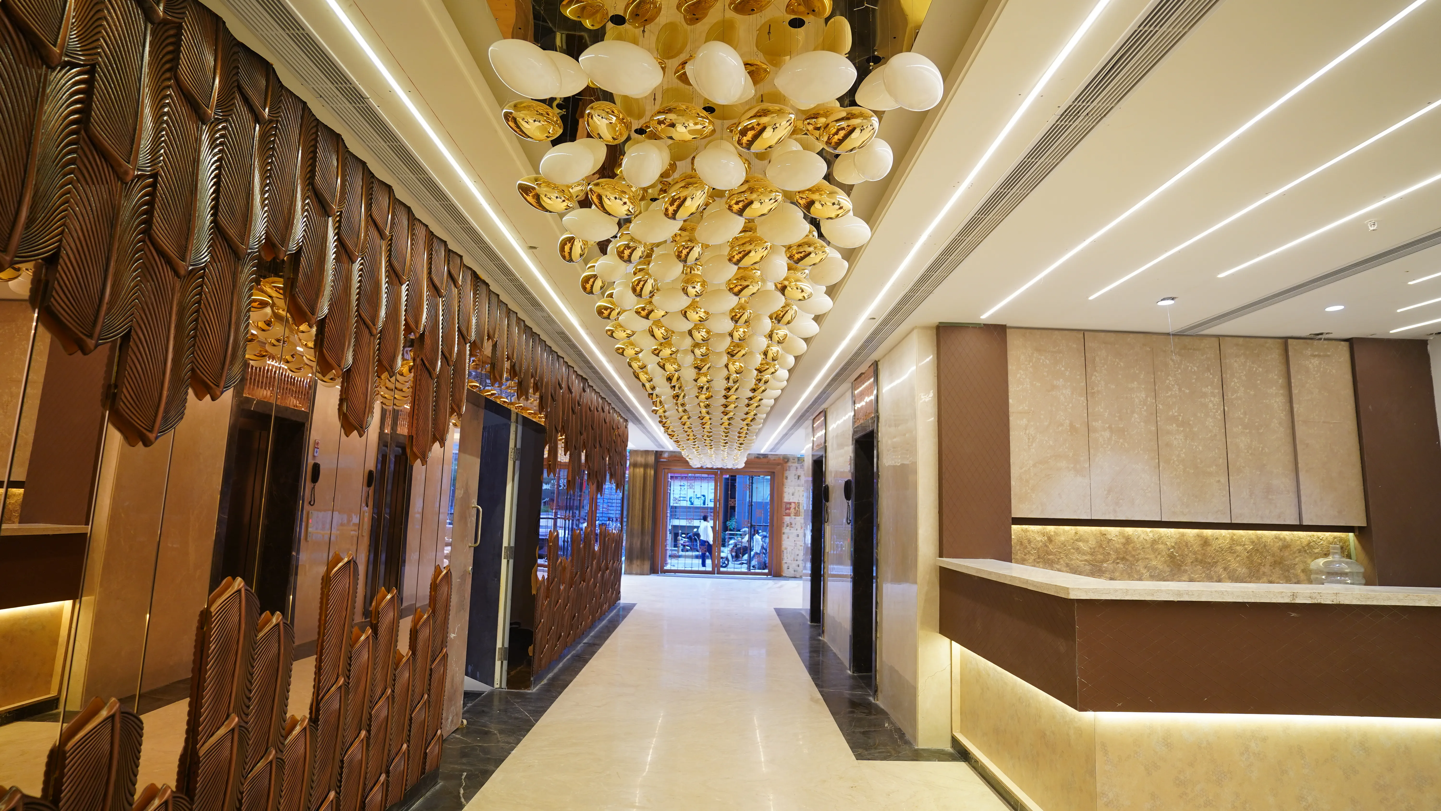 Luxurious hotel lobby with modern design and warm lighting